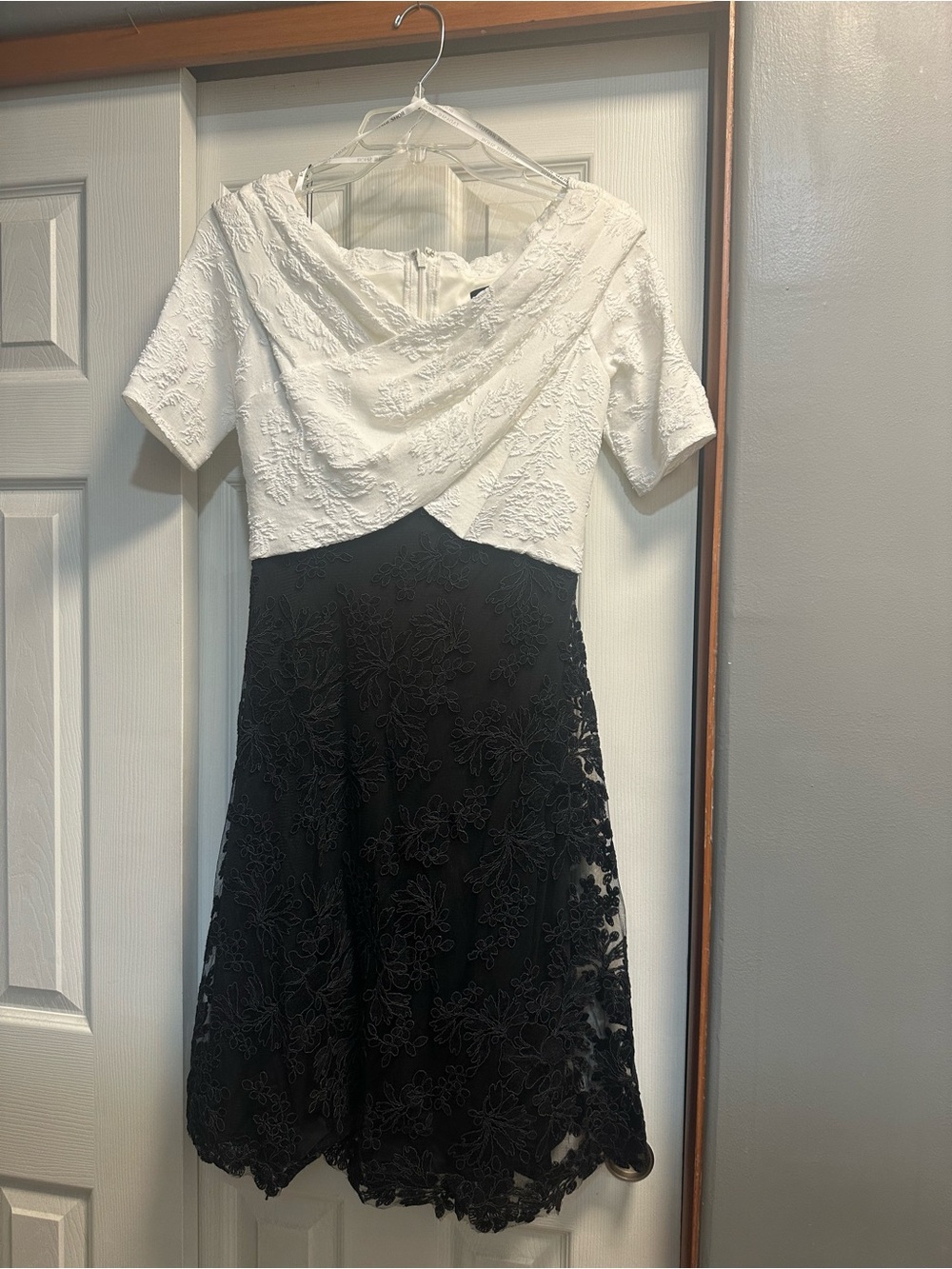 Tadashi Shoji White Bodice with Black Lace Skirt Fit-and-Flare Dress